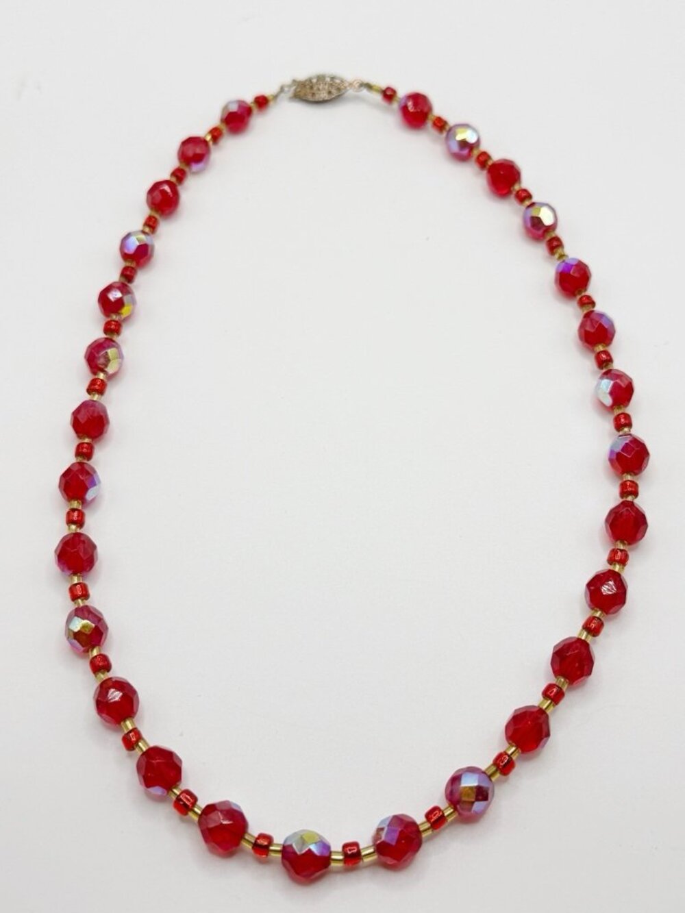 Vintage Faceted Ruby‎ Red AB Glass Beaded Necklace 17.5”